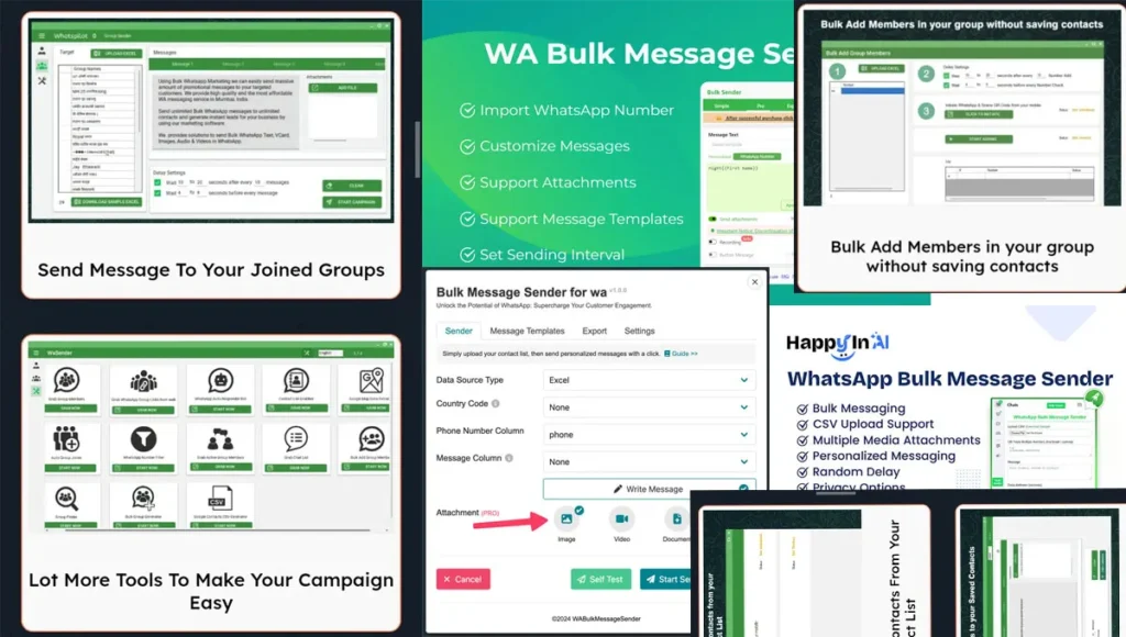 WhatsApp bulk message sender software dashboard showing contact upload, message editor, and campaign send options