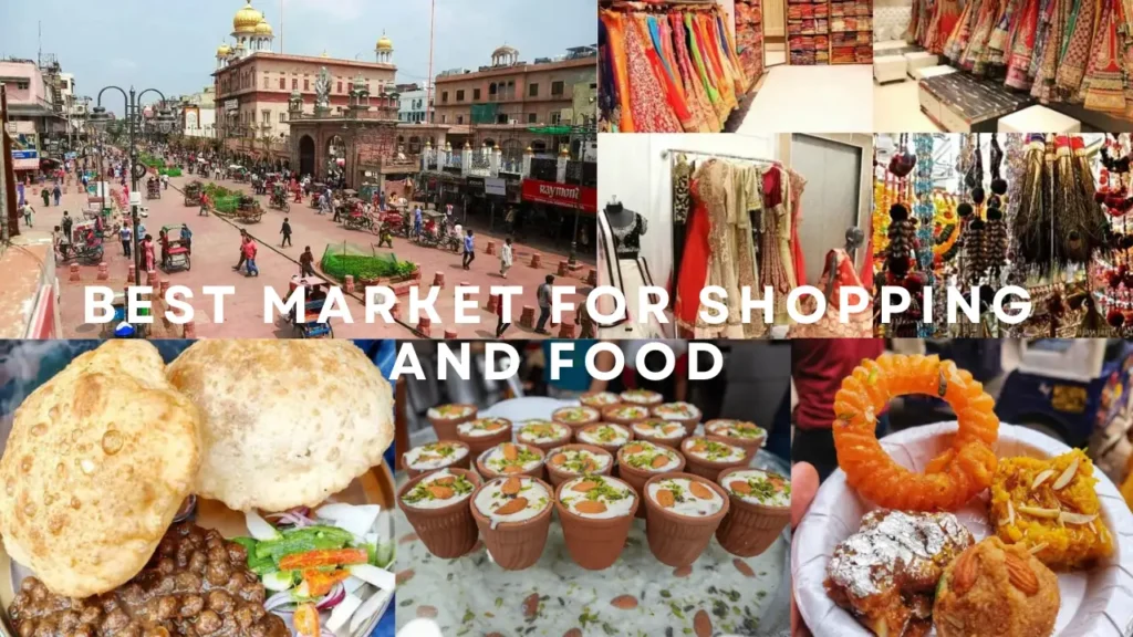 Chandni Chowk market street in Old Delhi with shops, rickshaws and historic buildings