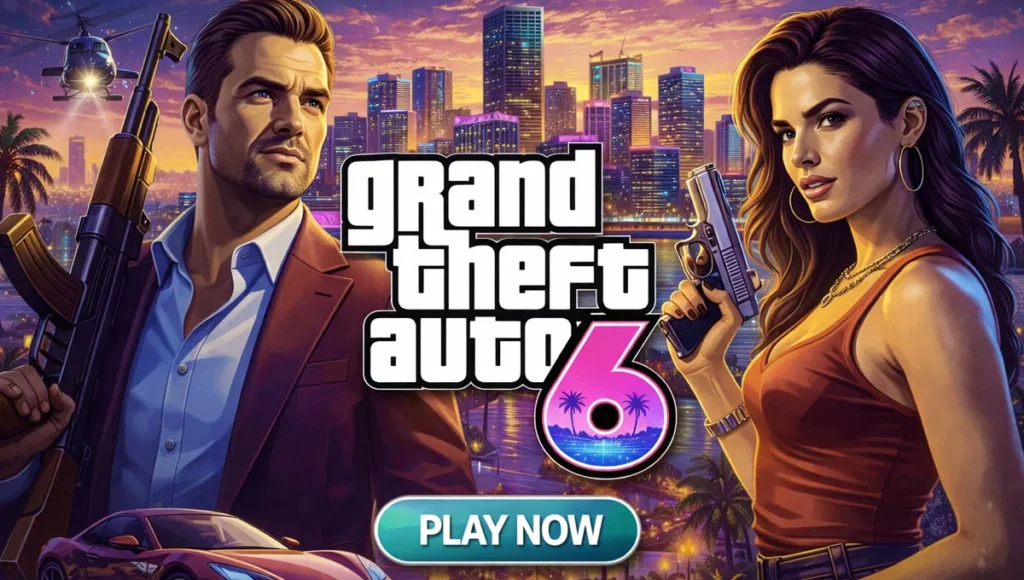 grand theft auto 6 gta 6 promotional image with miami sunset city skyline and characters