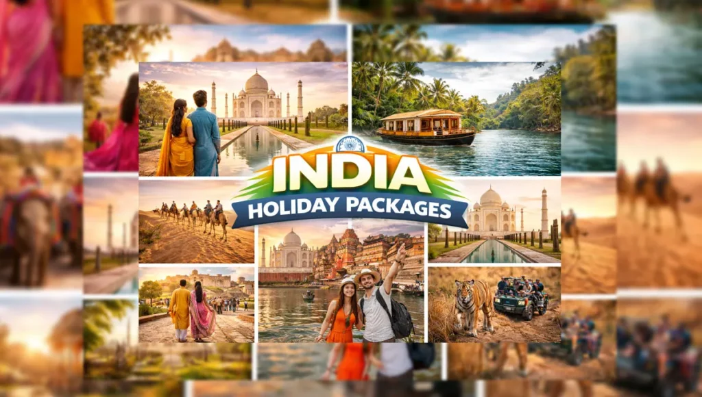 India holiday packages showing the Taj Mahal, Kerala backwaters, Rajasthan desert safari, Varanasi river ghats, and wildlife safari experiences