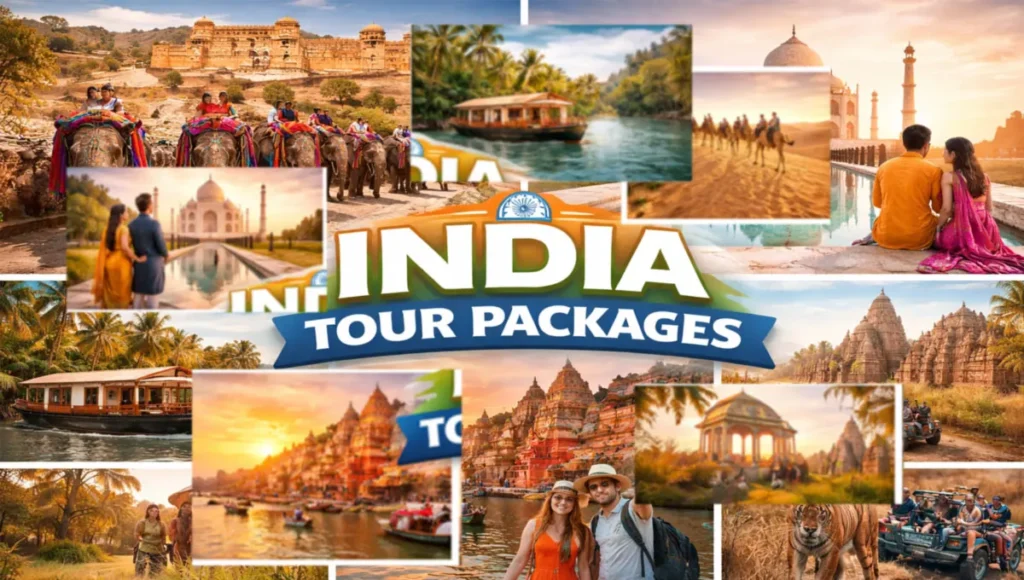 India tour packages featuring the Taj Mahal, Kerala backwaters, desert safari in Rajasthan, Varanasi ghats, and wildlife safari experiences
