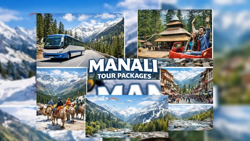 Manali tour packages showcasing snow-capped mountains, Solang Valley adventure, Hadimba Temple, and scenic Himalayan landscapes